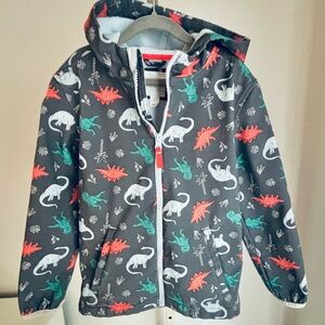 Cat & Jack Kids Hooded Raincoat, Gray Dinosaur Multicolor Print, Fleece Lined, 7